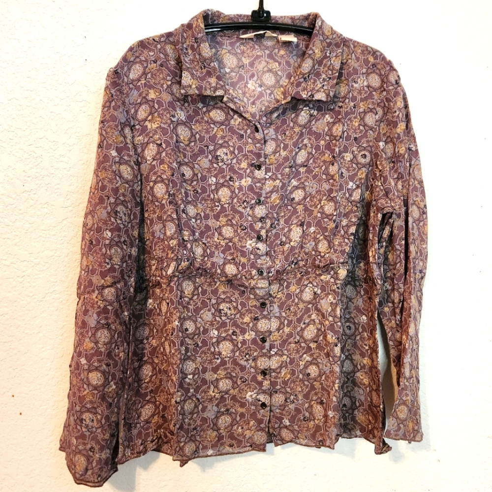 J. Jill Floral Gray Floral Women's Sheer‎ Button-Up Top, Size L